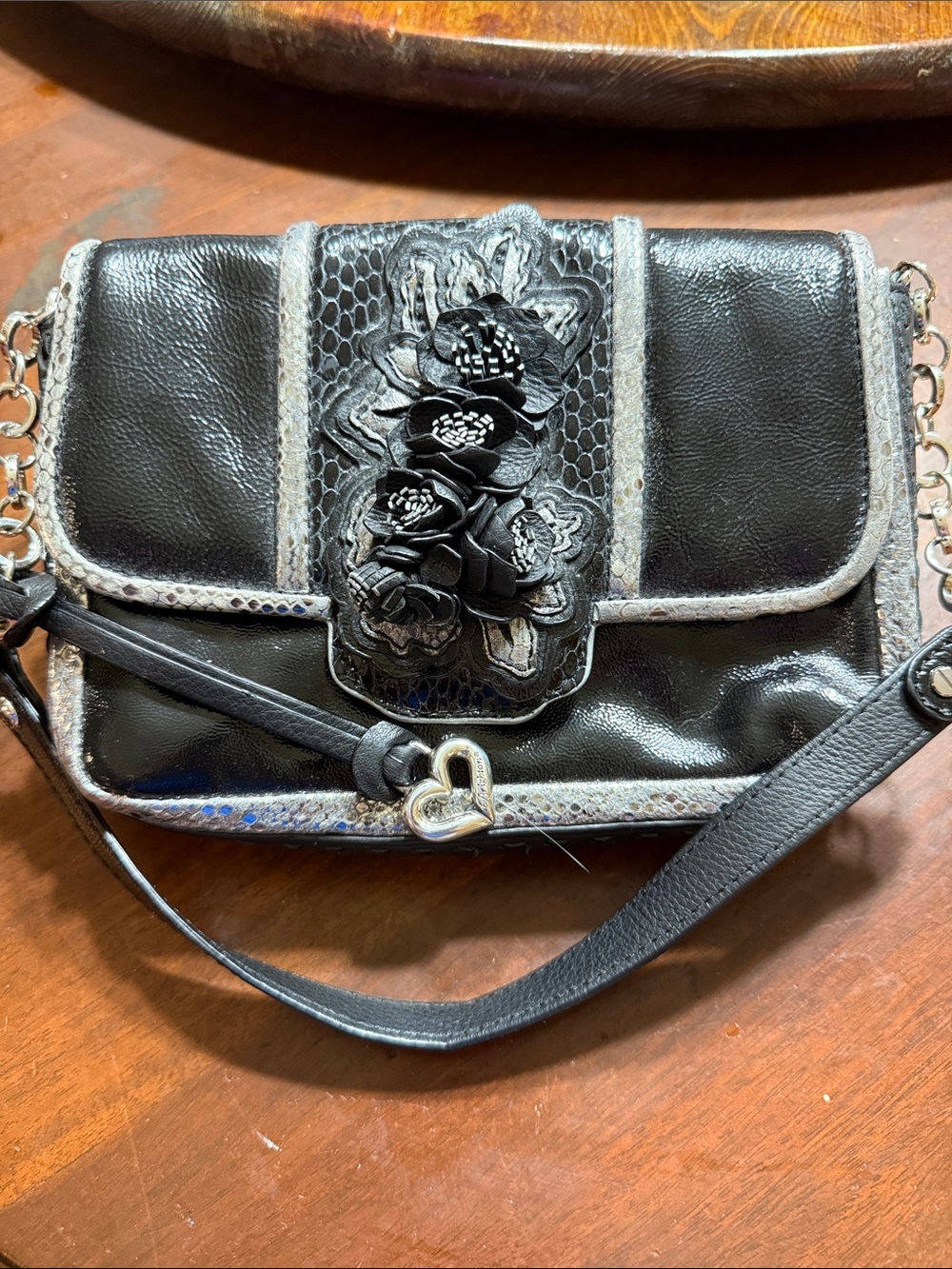Brighton Black Floral Appliqué Crossbody with Heart Charm
